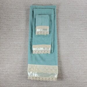 Vintage Avanti Towel Set 3 Piece Aqua Lace Satin Trim Bath Hand Wash Cloth 1978